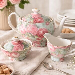 Grace’s Teaware Floral Teapot Creamer Sugar Set Rose Pattern
